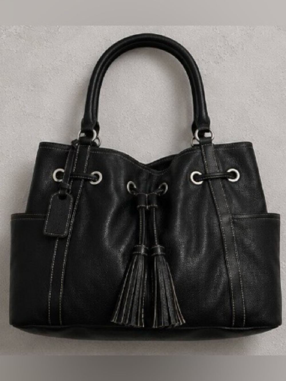 Tignanello Black Leather Tassel Drawstring Shoulder Bag EUC